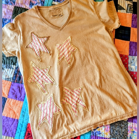 Handmade Tops - Star tee shirt, distressed tea dyed w vintage lace & fabric, HANDMADE ITEM